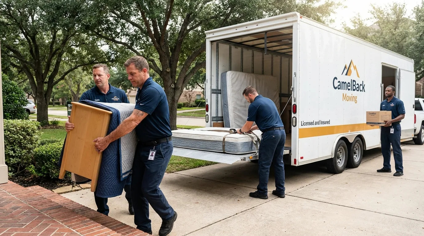 Crew loading residential truck for cross-state move from Brownville, ME