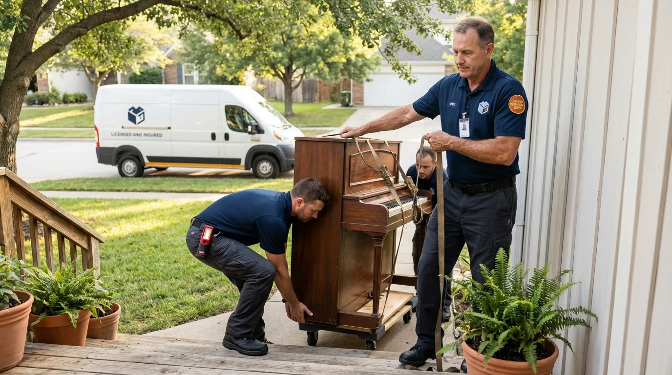 Licensed piano movers securing grand piano in Brownville, ME