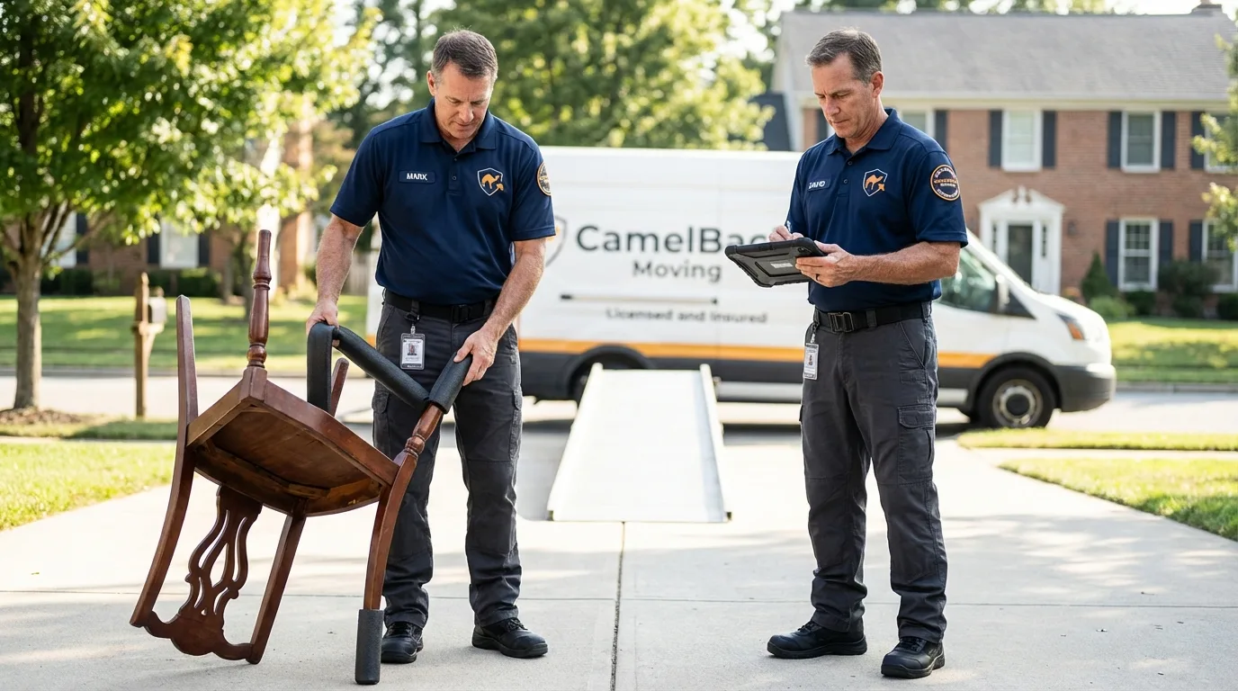 Movers inspecting furniture for damage prevention before loading in Brownville, ME