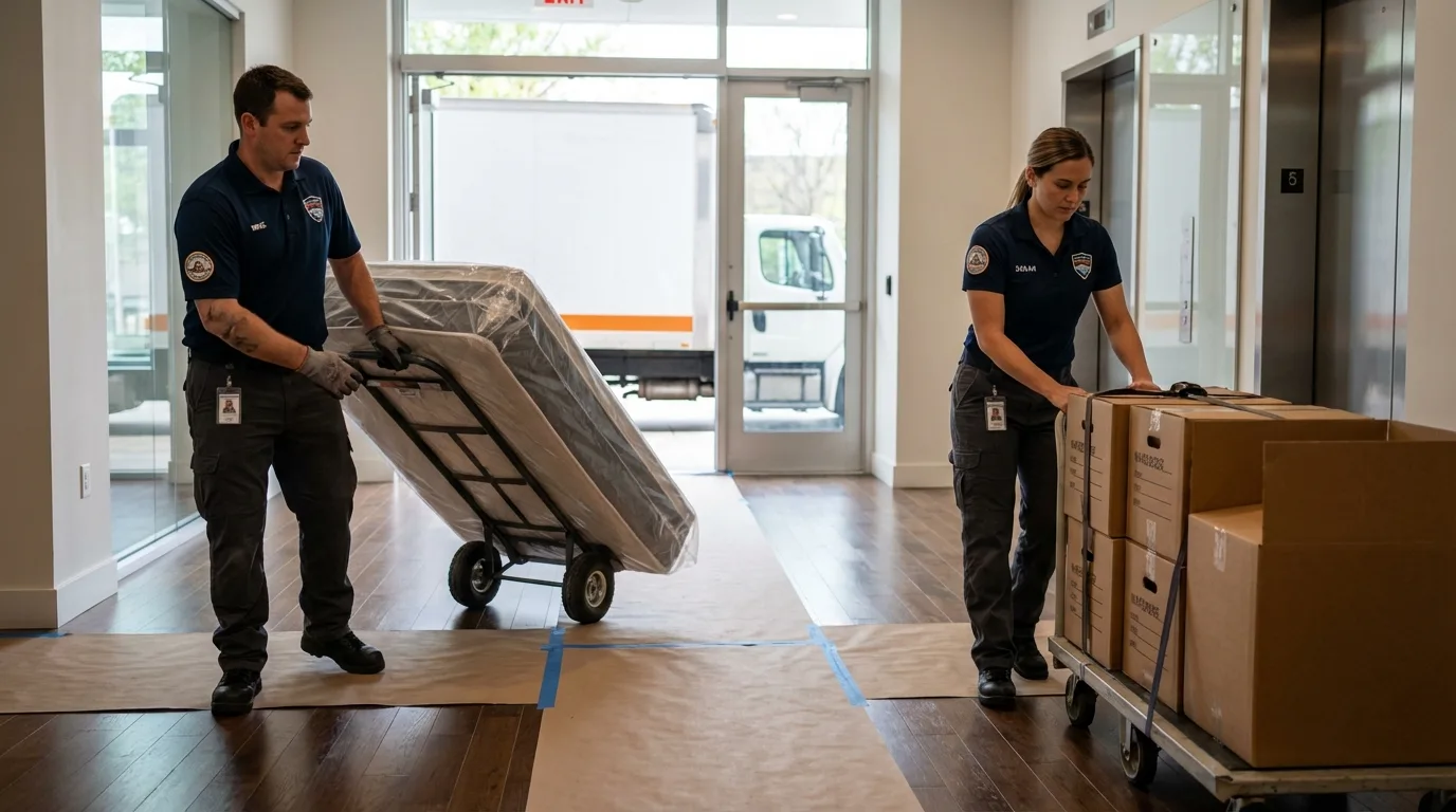 Professional apartment movers loading elevator in Brownville, ME
