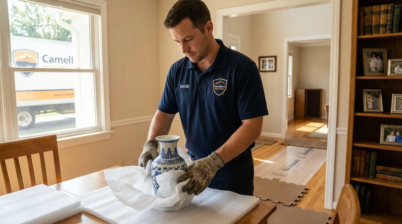 Professional crew carefully wrapping antique vase for senior downsizing move in Brownville, ME