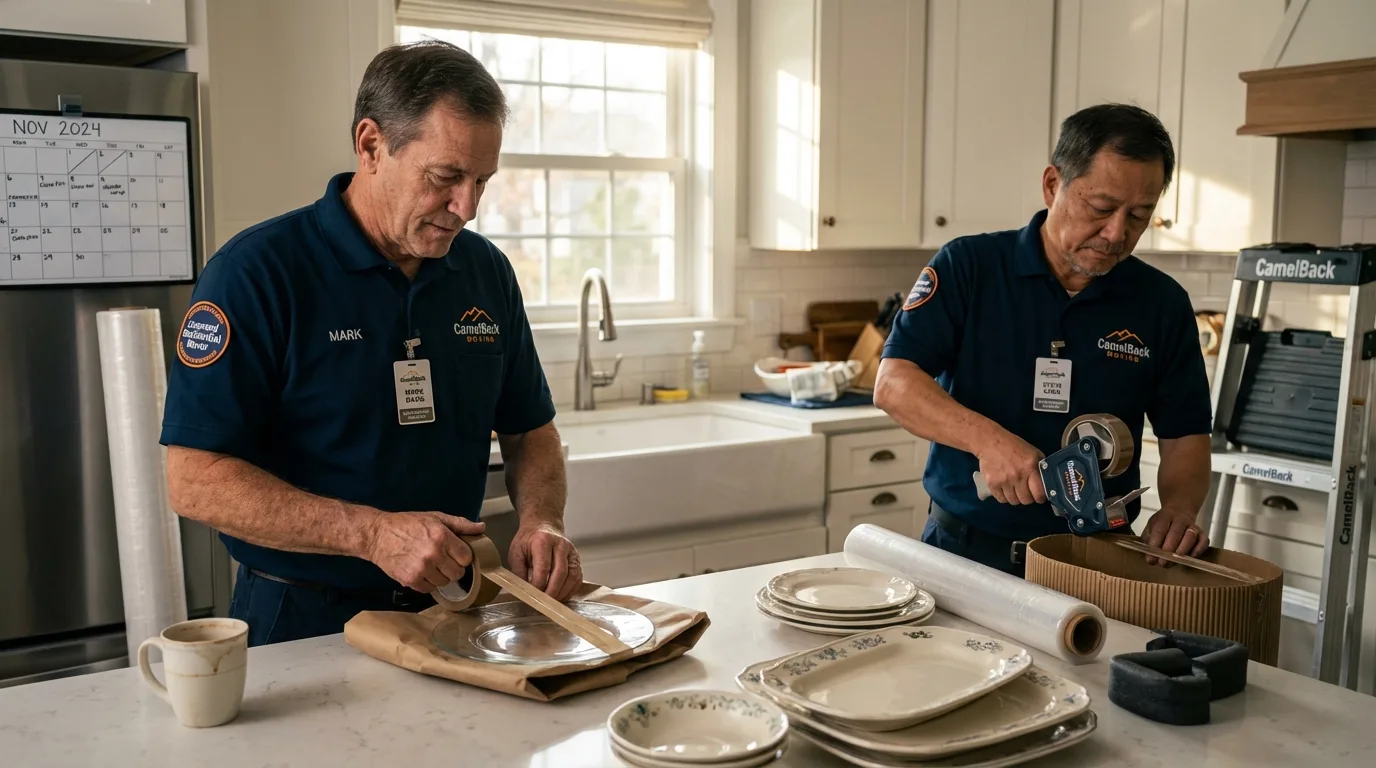 Professional crew packing kitchen dishware in Brownville, ME